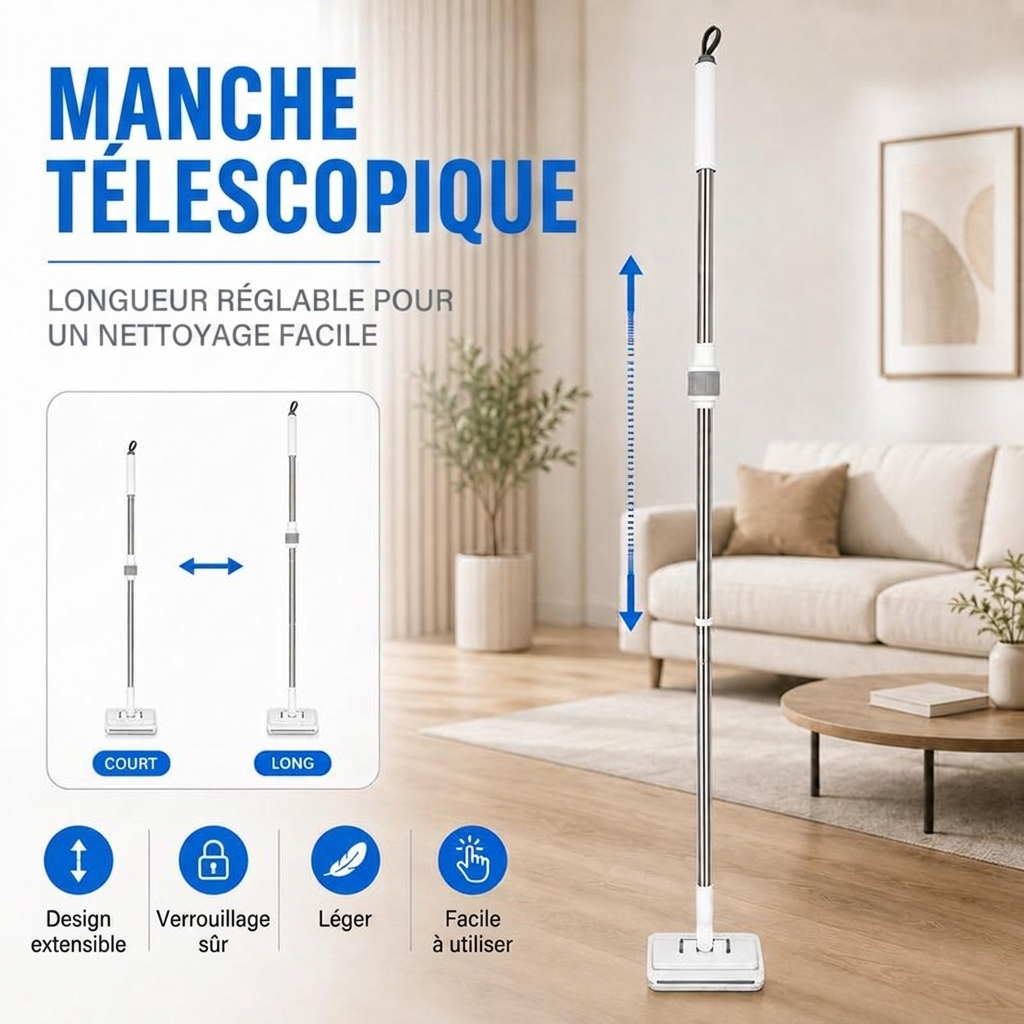 Balai à Dents de Requin - Manche télescopique · Fonctionne avec n'importe quel chiffon