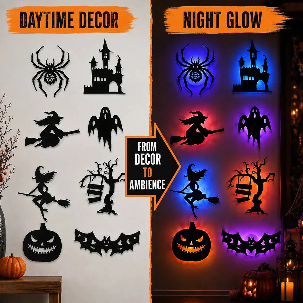 Halloween LED Wall Light Stickers – 8 Pack Glowing Silhouette Decorations | Battery Powered, Peel & Stick, No Drill | Spooky Home & Party Decor