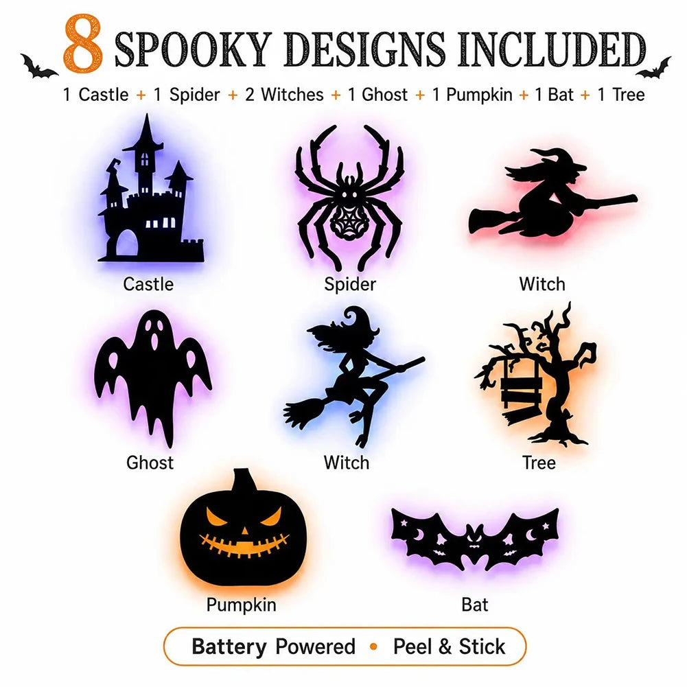 Halloween LED Wall Light Stickers – 8 Pack Glowing Silhouette Decorations | Battery Powered, Peel & Stick, No Drill | Spooky Home & Party Decor