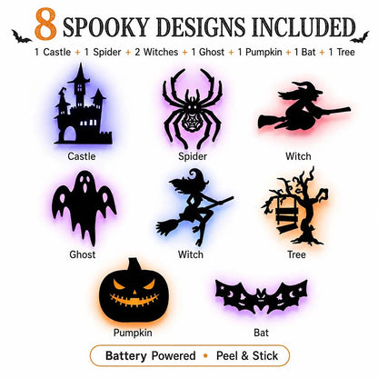 Halloween LED Wall Light Stickers – 8 Pack Glowing Silhouette Decorations | Battery Powered, Peel & Stick, No Drill | Spooky Home & Party Decor