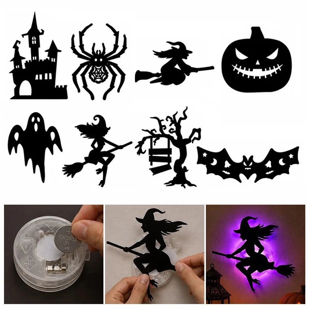 Halloween LED Wall Light Stickers – 8 Pack Glowing Silhouette Decorations | Battery Powered, Peel & Stick, No Drill | Spooky Home & Party Decor
